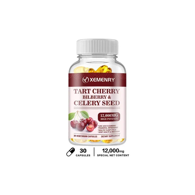 Organic Tart Cherry & Celery Seed Capsules - Uric Acid Cleanse, Support Sleep & Joint Health Muscle Repair Supplement