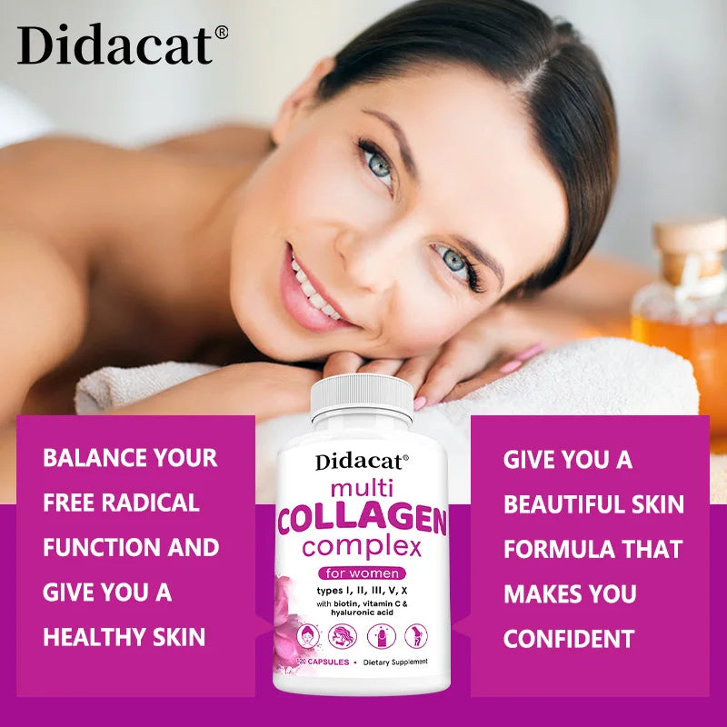 Multi-Collagen Complex - Hydrolyzed Protein Peptides with Hyaluronic Acid for Skin, Nails, Hair & Joint Health, Cellular Health