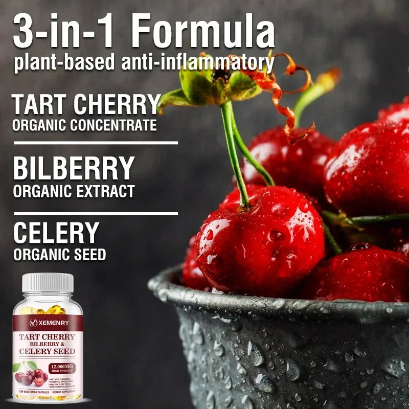 Organic Tart Cherry & Celery Seed Capsules - Uric Acid Cleanse, Support Sleep & Joint Health Muscle Repair Supplement