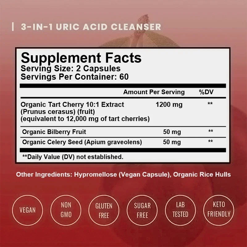 Organic Tart Cherry & Celery Seed Capsules - Uric Acid Cleanse, Support Sleep & Joint Health Muscle Repair Supplement