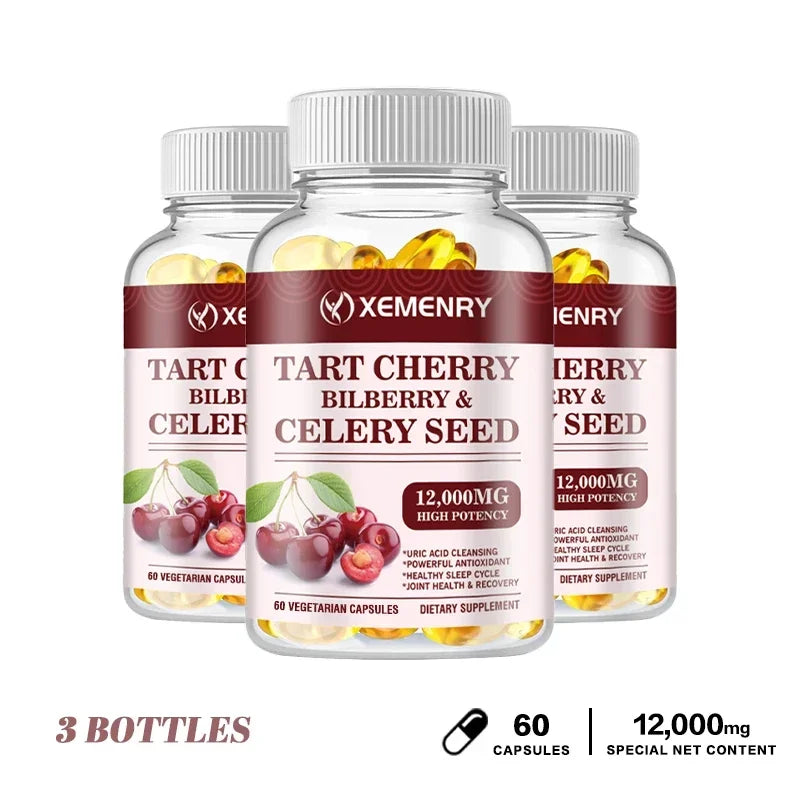 Organic Tart Cherry & Celery Seed Capsules - Uric Acid Cleanse, Support Sleep & Joint Health Muscle Repair Supplement