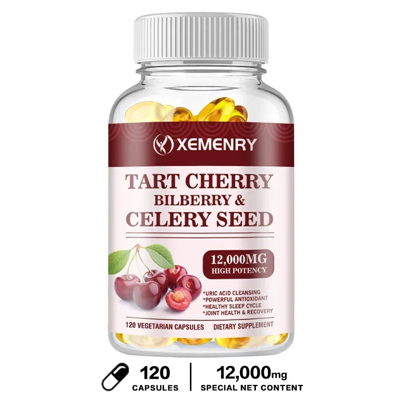 Organic Tart Cherry & Celery Seed Capsules - Uric Acid Cleanse, Support Sleep & Joint Health Muscle Repair Supplement