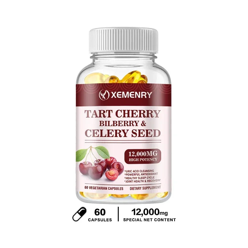 Organic Tart Cherry & Celery Seed Capsules - Uric Acid Cleanse, Support Sleep & Joint Health Muscle Repair Supplement